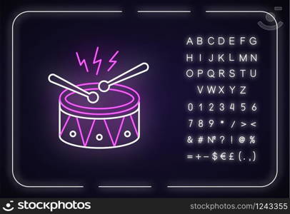 Drum neon light icon. Musical instrument. Brazilian carnival. Festive drum parade. Samba. Outer glowing effect. Sign with alphabet, numbers and symbols. Vector isolated RGB color illustration