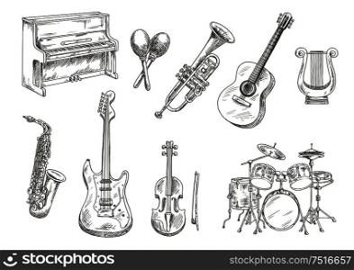 Drum set and piano, saxophone, acoustic and electric guitars, violin and trumpet, ancient greek lyre and wooden maracas engraving sketches. Sletched classic musical instruments set