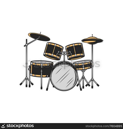 Drum set isolated percussion instrument. Vector kit, bass drums, cymbals drumming equipment. Trap or dram set isolated percussion instrument