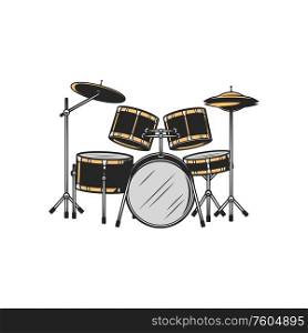 Drum set isolated percussion instrument. Vector kit, bass drums, cymbals drumming equipment. Trap or dram set isolated percussion instrument