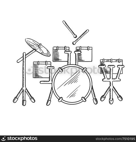 Drum set sketch with traditional kit of bass drum, two hanging toms, snare drum, floor tom and ride cymbal. Addition to music, art or entertainment design. Sketch of drum set with traditional kit
