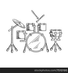 Drum set sketch with traditional kit of bass drum, two hanging toms, snare drum, floor tom and ride cymbal. Addition to music, art or entertainment design. Sketch of drum set with traditional kit