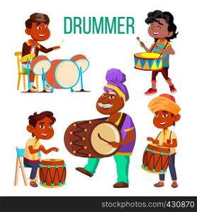 Drummers Using Ethnic Percussion Vector Characters Set. Cartoon Dark Skin Drummers Isolated Cliparts Pack. Teenager At Drum Kit. Musicians Playing African, Arabic, Indian Folk Music Flat Illustration. Drummers Using Ethnic Percussion Vector Characters Set
