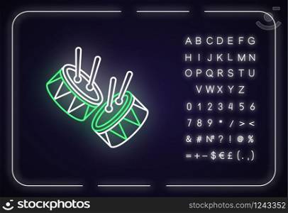 Drums with drumsticks neon light icon. Musical instrument. Brazilian carnival. Festive parade. Outer glowing effect. Sign with alphabet, numbers and symbols. Vector isolated RGB color illustration