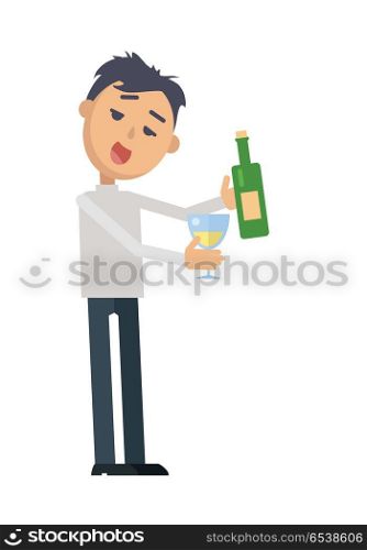 Drunk man in rumpled clothes, with messy hairstyle holding glass and bottle of wine flat style vector isolated on white. Drinking alcohol. Hangover after party. For healthy lifestyle concepts design. Drunk Woman with Glass of Wine Flat Vector . Drunk Woman with Glass of Wine Flat Vector