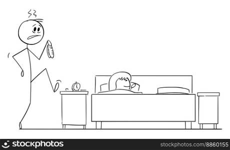 Drunk man returning home at night sneaking to bedroom with sleeping wife or woman, vector cartoon stick figure or character illustration.. Drunk Man Sneaking in to Bedroom with Sleeping Woman , Vector Cartoon Stick Figure Illustration