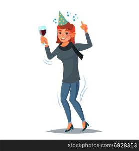 Drunk Office Female Worker Vector. Have Fun. Cheers Party Concept. Celebrating, Gesturing. Isolated On White Cartoon Character Illustration. Drunk Business Woman Vector. Corporate Party. Relaxing Concept. Meet up Party. Celebrating Victory In Office. Flat Cartoon Illustration