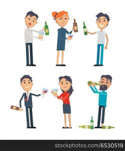 Drunk people in rumpled clothes, with messy hairstyle holding bottle or grass of wine flat style vector isolated on white. Drinking alcohol. Hangover after party. For healthy lifestyle concepts design. Drunk People with Alcohol Flat Vectors Set . Drunk People with Alcohol Flat Vectors Set
