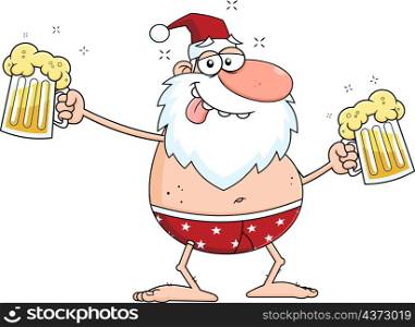 Drunk Santa Claus Cartoon Character With Two Mugs Of Beer. Vector Hand Drawn Illustration Isolated On Transparent Background