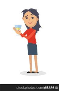 Drunk woman in rumpled clothes, with messy hairstyle holding glass of wine flat style vector isolated on white background. Drinking alcohol. Hangover after party. For healthy lifestyle concepts design. Drunk Woman with Glass of Wine Flat Vector . Drunk Woman with Glass of Wine Flat Vector
