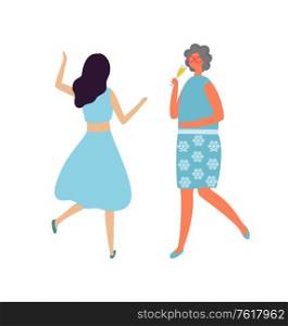 Drunk woman with glass of champagne and dancing lady back view isolated cartoon character in flat style. Vector brunette girls at dance party, females at concert. Drunk Woman with Glass of Champagne, Dancing Lady