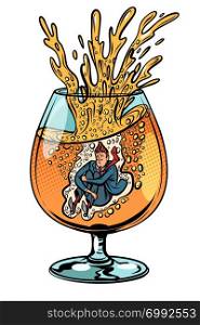 drunkard jumps into a glass of alcohol. Comic cartoon pop art retro vector illustration drawing. drunkard jumps into a glass of alcohol