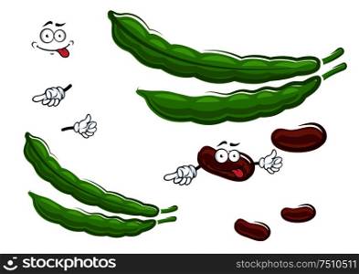 Dry brown cartoon funny kidney beans vegetable characters with fresh green pods, for agriculture or vegetarian healthy food design. Cartoon fresh beans vegetable characters