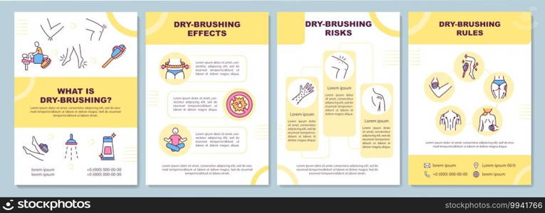 Dry brushing instructions brochure template. Flyer, booklet, leaflet print, cover design with linear icons. Dry-bushing risks, rules. Vector layouts for magazines, annual reports, advertising posters. Dry brushing instructions brochure template