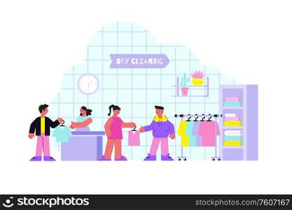 Dry cleaning concept with laundry service symbols flat vector illustration