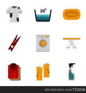Dry cleaning icons set. Flat style set of 9 dry cleaning vector icons for web design. Dry cleaning icons set, flat style