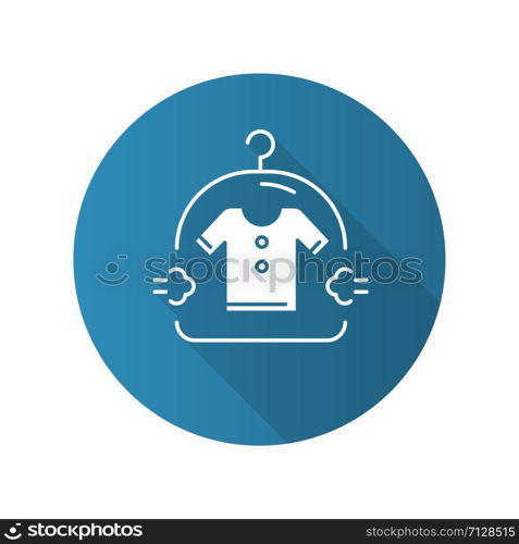 Dry cleaning service blue flat design long shadow glyph icon. Drycleaning, laundry industry. Dirty clothes washing, textile careful drying, clean clothing package. Vector silhouette illustration