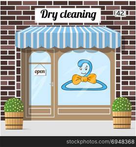 dry cleaning service. Dry cleaning service. Brown brick facade building. Cartoon sticker on window. Stone front. Vector illustration.