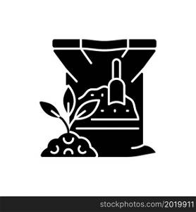Dry fertilizer black glyph icon. Mixture of supplements for plants and crops. Chemical and organic nutrients. Growth increasing. Silhouette symbol on white space. Vector isolated illustration. Dry fertilizer black glyph icon