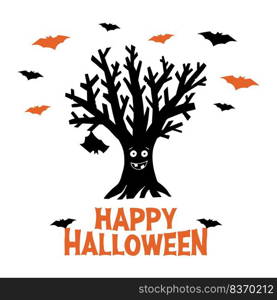 Dry funny tree with hanging bat and flying bats. Happy Halloween orange lettering. Holiday greeting card. Isolated on white. Vector stock illustration.. Dry funny tree with hanging bat and flying bats. Happy Halloween orange lettering. Holiday greeting card. Isolated on white background. Vector stock illustration.