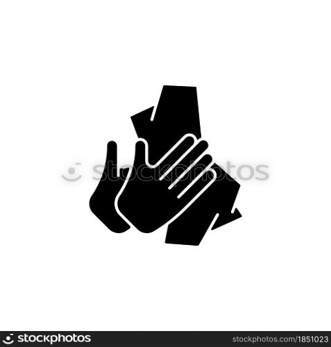 Dry hands with tissue black glyph icon. Wiping off dirt and germs from palms. Use antibacterial wipes. Remove microorganisms from hands. Silhouette symbol on white space. Vector isolated illustration. Dry hands with tissue black glyph icon