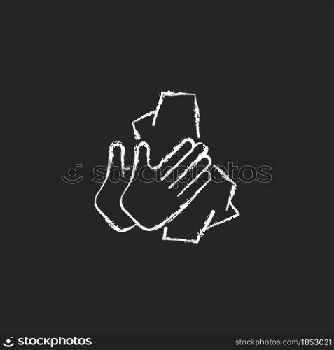 Dry hands with tissue chalk white icon on dark background. Wiping off dirt and germs from palms. Use antibacterial wipes. Remove microorganisms. Isolated vector chalkboard illustration on black. Dry hands with tissue chalk white icon on dark background