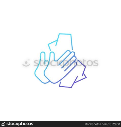 Dry hands with tissue gradient linear vector icon. Wiping off dirt and germs from palms. Use antibacterial wipes. Thin line color symbol. Modern style pictogram. Vector isolated outline drawing. Dry hands with tissue gradient linear vector icon