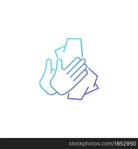 Dry hands with tissue gradient linear vector icon. Wiping off dirt and germs from palms. Use antibacterial wipes. Thin line color symbol. Modern style pictogram. Vector isolated outline drawing. Dry hands with tissue gradient linear vector icon