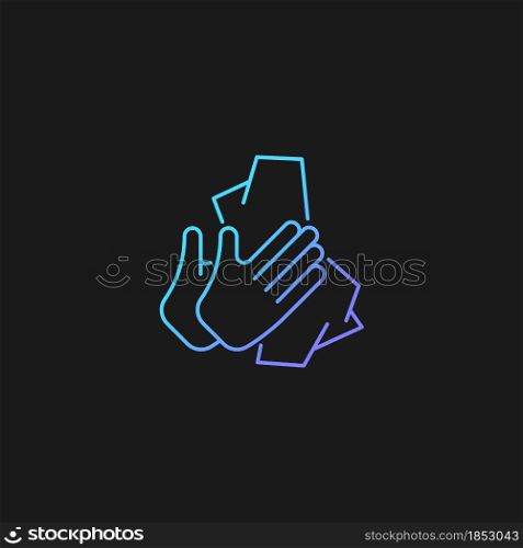 Dry hands with tissue gradient vector icon for dark theme. Wiping off dirt, germs from palms. Use antibacterial wipes. Thin line color symbol. Modern style pictogram. Vector isolated outline drawing. Dry hands with tissue gradient vector icon for dark theme