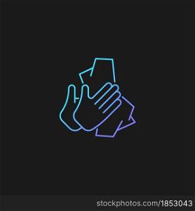 Dry hands with tissue gradient vector icon for dark theme. Wiping off dirt, germs from palms. Use antibacterial wipes. Thin line color symbol. Modern style pictogram. Vector isolated outline drawing. Dry hands with tissue gradient vector icon for dark theme