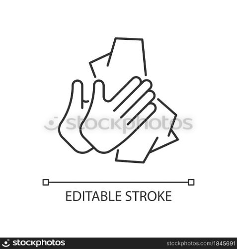 Dry hands with tissue linear icon. Wiping off dirt and germs from palms. Use antibacterial wipes. Thin line customizable illustration. Contour symbol. Vector isolated outline drawing. Editable stroke. Dry hands with tissue linear icon
