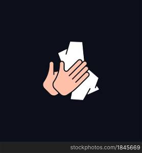 Dry hands with tissue RGB color icon for dark theme. Wiping off dirt from palms. Using antibacterial wipes. Isolated vector illustration on night mode background. Simple filled line drawing on black. Dry hands with tissue RGB color icon for dark theme