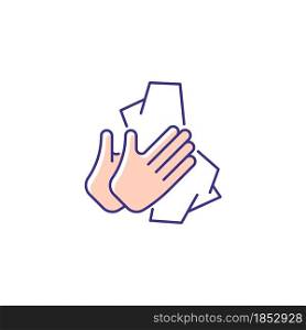 Dry hands with tissue RGB color icon. Wiping off dirt and germs from palms. Using antibacterial wipes. Removing microorganisms from hands. Isolated vector illustration. Simple filled line drawing. Dry hands with tissue RGB color icon
