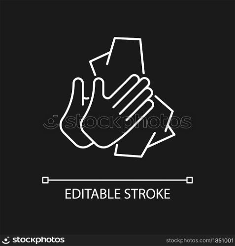 Dry hands with tissue white linear icon for dark theme. Wiping off dirt and germs from palms. Thin line customizable illustration. Isolated vector contour symbol for night mode. Editable stroke. Dry hands with tissue white linear icon for dark theme