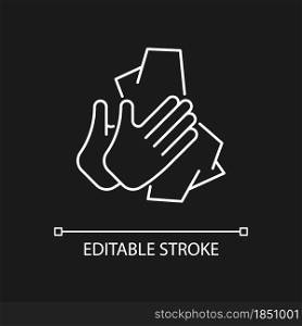 Dry hands with tissue white linear icon for dark theme. Wiping off dirt and germs from palms. Thin line customizable illustration. Isolated vector contour symbol for night mode. Editable stroke. Dry hands with tissue white linear icon for dark theme