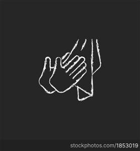 Dry hands with towel chalk white icon on dark background. Effective bacteria removing. Using paper and textile towels. Reducing covid transmission. Isolated vector chalkboard illustration on black. Dry hands with towel chalk white icon on dark background