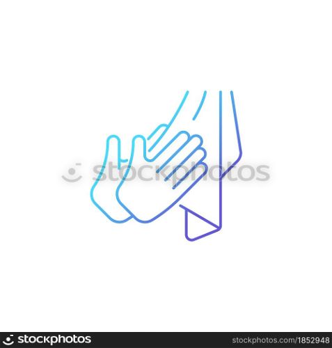 Dry hands with towel gradient linear vector icon. Effective bacteria removing. Using paper and textile towels. Thin line color symbol. Modern style pictogram. Vector isolated outline drawing. Dry hands with towel gradient linear vector icon