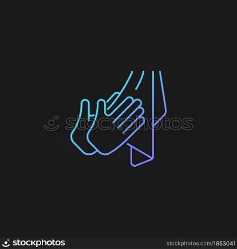 Dry hands with towel gradient vector icon for dark theme. Effective bacteria removing. Using paper and textile towels. Thin line color symbol. Modern style pictogram. Vector isolated outline drawing. Dry hands with towel gradient vector icon for dark theme