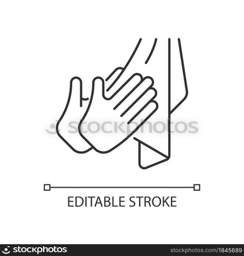 Dry hands with towel linear icon. Effective bacteria removing. Using paper and textile towels. Thin line customizable illustration. Contour symbol. Vector isolated outline drawing. Editable stroke. Dry hands with towel linear icon