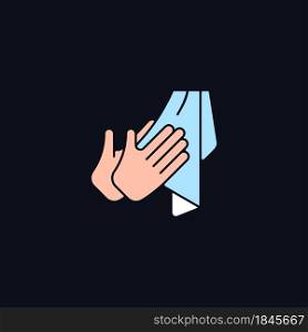 Dry hands with towel RGB color icon for dark theme. Effective germs removing. Using paper and textile towels. Isolated vector illustration on night mode background. Simple filled line drawing on black. Dry hands with towel RGB color icon for dark theme