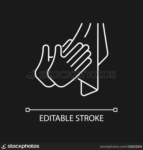 Dry hands with towel white linear icon for dark theme. Using paper and textile towels. Thin line customizable illustration. Isolated vector contour symbol for night mode. Editable stroke. Dry hands with towel white linear icon for dark theme
