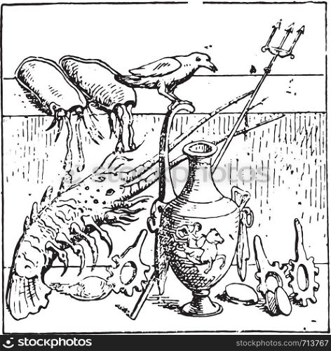 Dry, lobsters and shellfish, vintage engraved illustration.