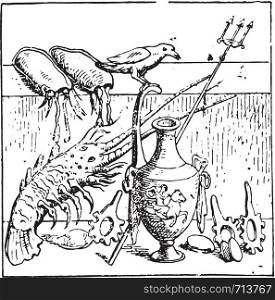 Dry, lobsters and shellfish, vintage engraved illustration.