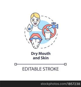 Dry mouth and skin concept icon. Dehydration symptom. Saliva deficiency. Body fluid loss abstract idea thin line illustration. Vector isolated outline color drawing. Editable stroke. Dry mouth and skin concept icon