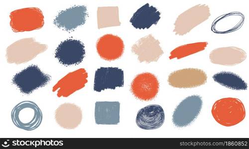 Dry paint stains brush stroke backgrounds set. Dirty artistic vector design elements, boxes, frames for text, labels, logo. Hipster stickers, paintbrush grunge stamp label backgrounds, circle frames.. Vector grunge watercolor ink texture set of hand painted pastel color
