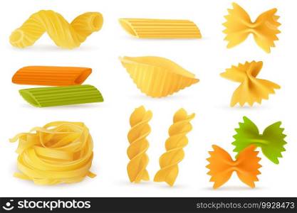 Dry pasta objects. Realistic italian culinary ingredients, different pasta and noodles shapes. Homemade farfalle and fusilli, gemelli and penne, conchiglie and cavatappi, carbohydrate food. Vector set. Dry pasta objects. Realistic italian culinary ingredients, different pasta and noodles shapes. Homemade farfalle and fusilli, gemelli and penne, conchiglie and cavatappi, vector set