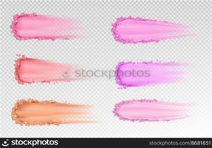 Dry powder, skin foundation smears, eye shadows brush strokes broken texture. Beauty make up cosmetics product swatch, smudge trace samples isolated on transparent background. Realistic 3d vector set. Dry powder, skin foundation smears, brush strokes