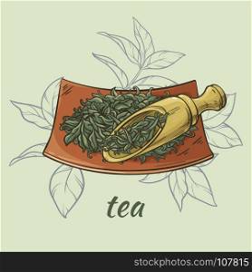 dry tea and scoop. illustration wih dry tea and wooden scoop