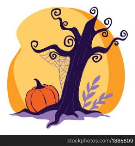 Dry tree with spider web and plant foliage, pumpkin on ground. Frightening landscape of nature in evening or night. Creepy october day, seasonal halloween holiday celebration, vector in flat. Halloween holidays celebration, scary landscape with dry tree