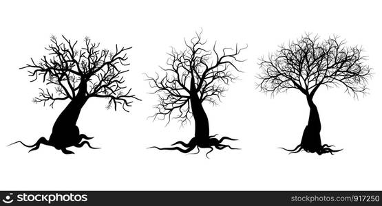 Dry twig tree silhouette set collection on white background vector illustration.